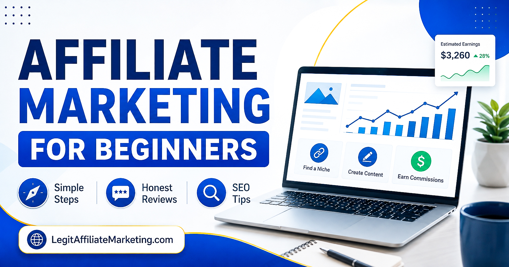 Affiliate marketing for beginners featured image with simple steps, honest reviews, and SEO tips
