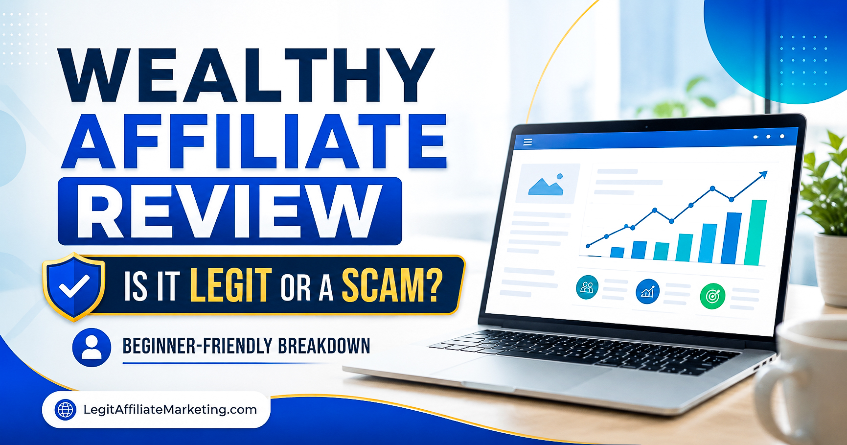 Wealthy Affiliate review graphic asking if the platform is legit or a scam