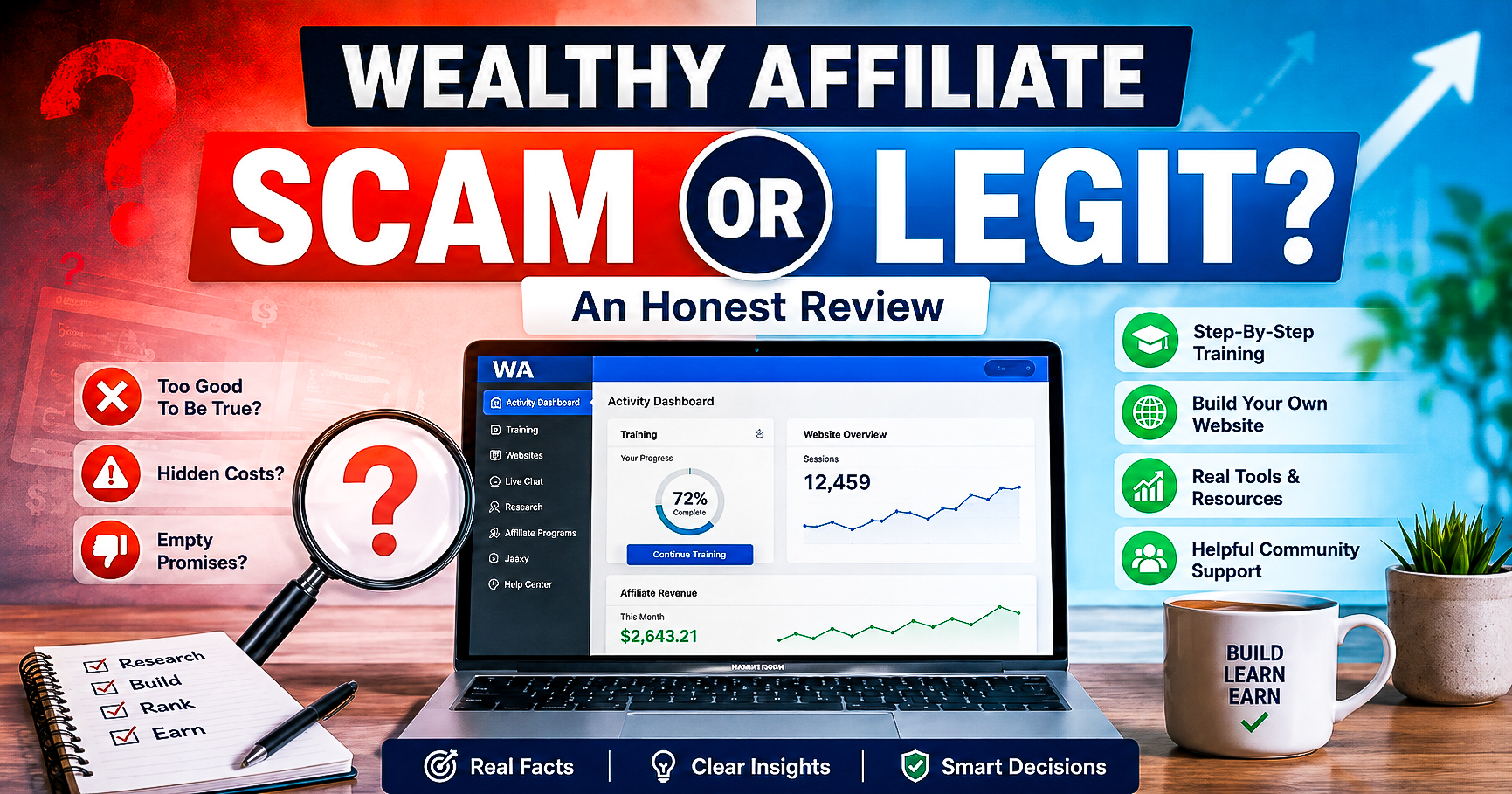 Wealthy Affiliate scam or legit honest review graphic with online training and website building visuals